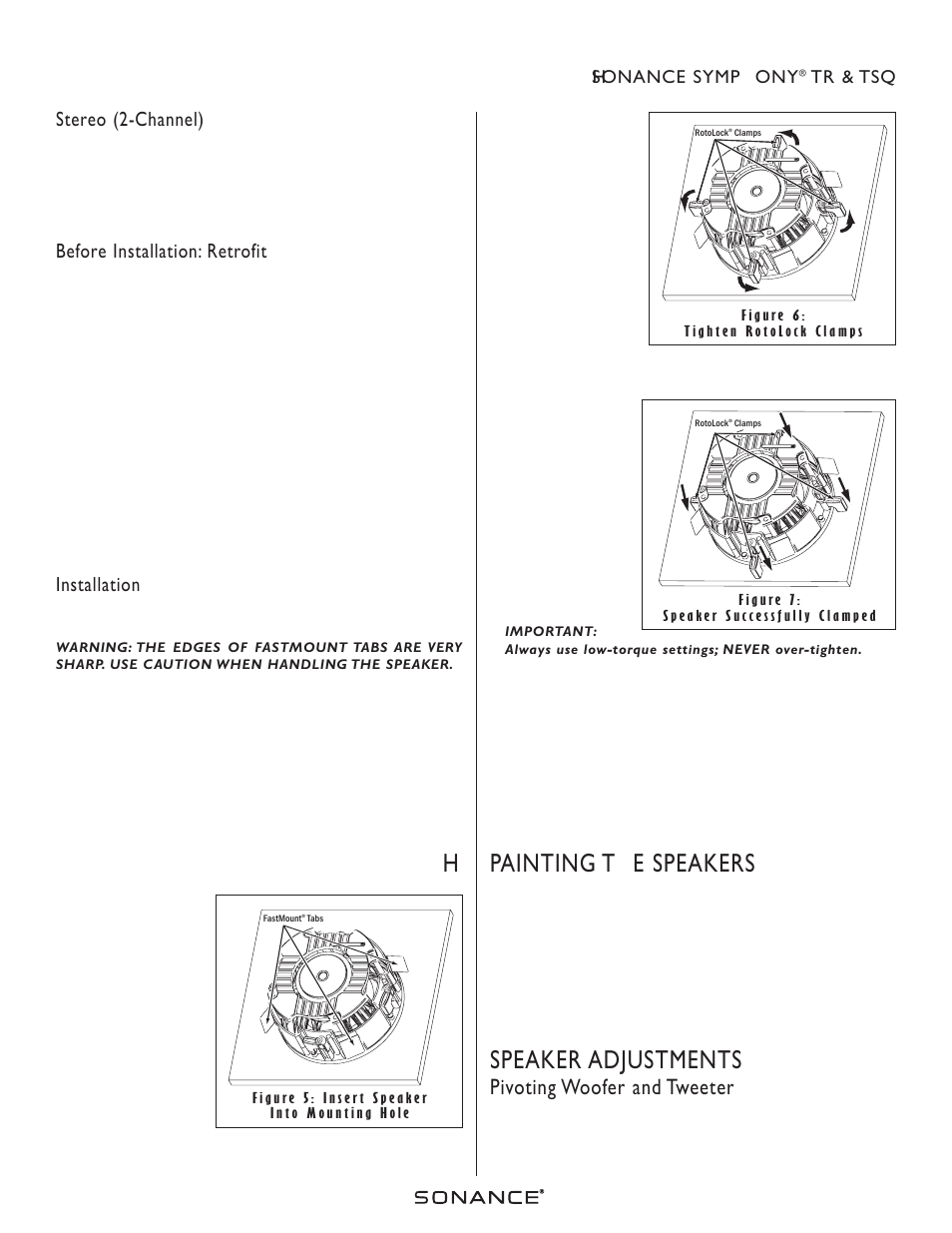 Painting the speakers, Speaker adjustments, Pivoting woofer and tweeter | Stereo (2-channel), Before installation: retrofit, Installation, 2sonance symphony, Tr & tsq | Sonance TR User Manual | Page 2 / 4