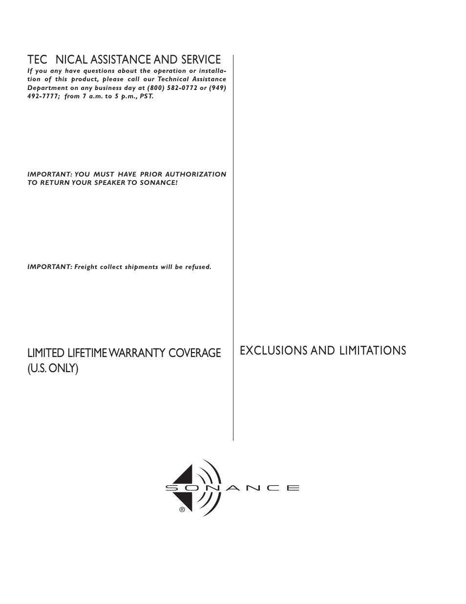 Technical assistance and service, Limited lifetime warranty coverage (u.s. only), Exclusions and limitations | Sonance TR User Manual | Page 4 / 4