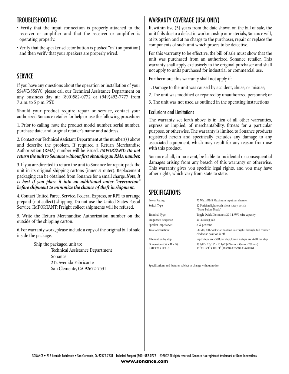 Troubleshooting, Service, Warranty coverage (usa only) | Specifications, Exclusions and limitations | Sonance SS4VC User Manual | Page 4 / 4