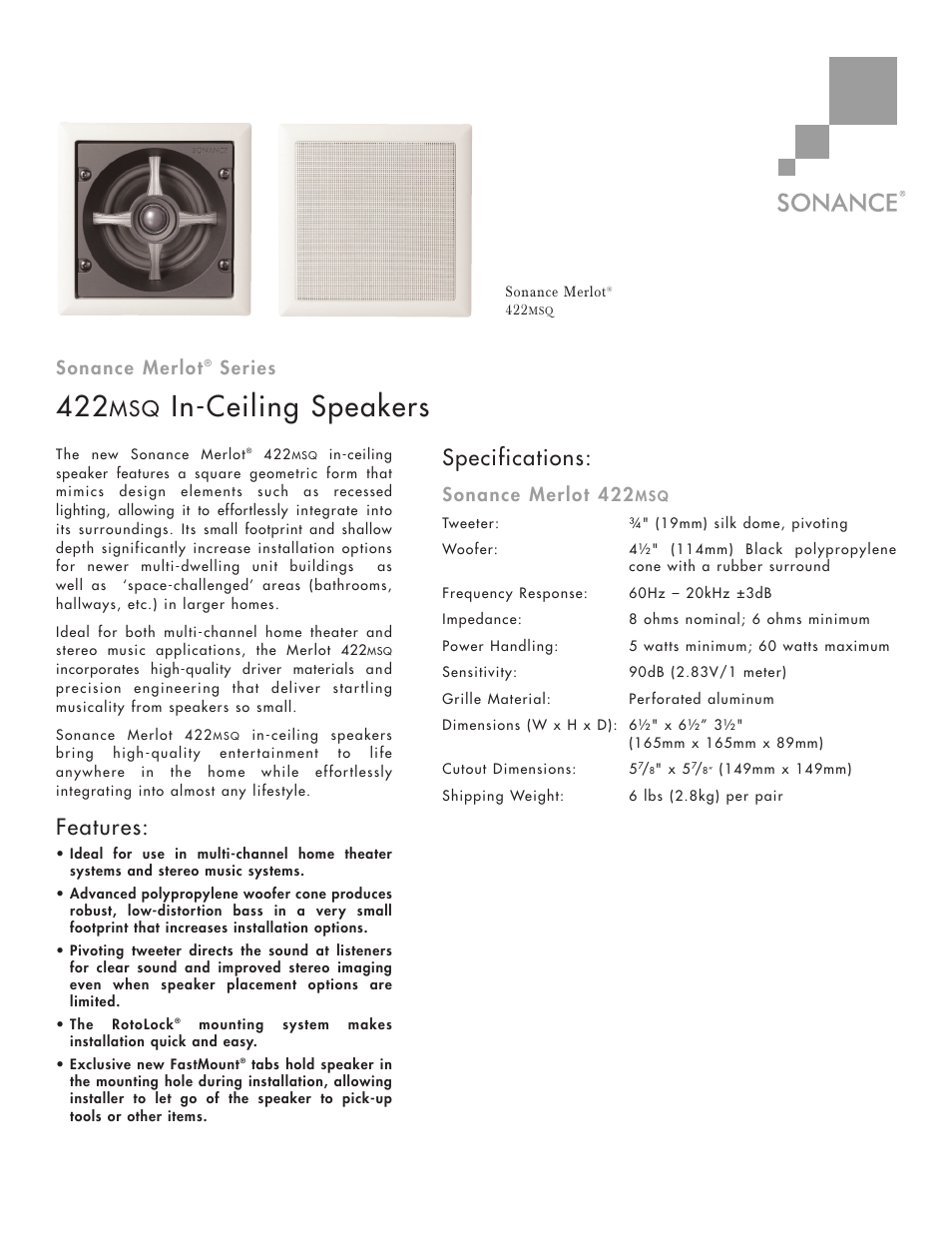 Sonance Merlot 422MSQ User Manual | 2 pages