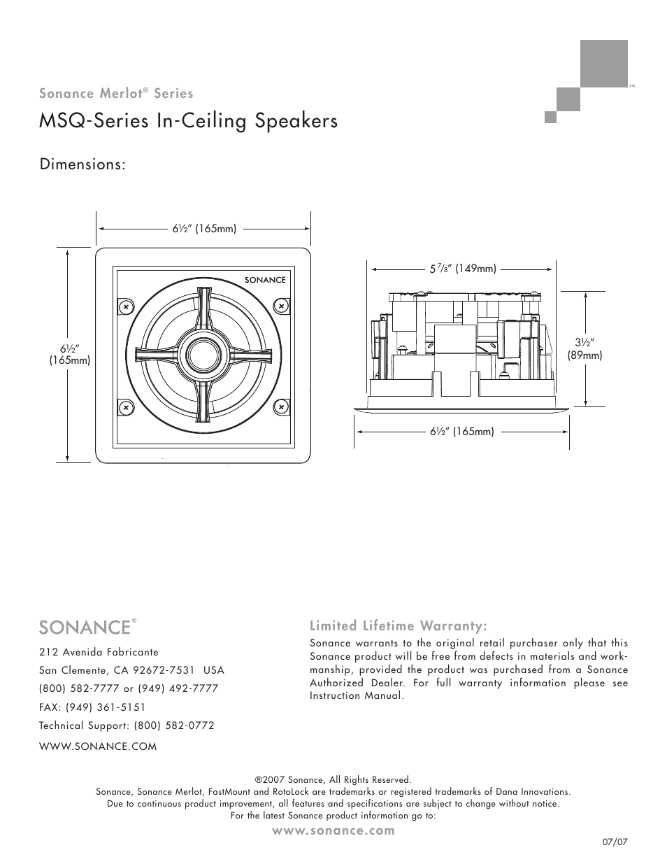 Msq-series in-ceiling speakers, Dimensions | Sonance Merlot 422MSQ User Manual | Page 2 / 2