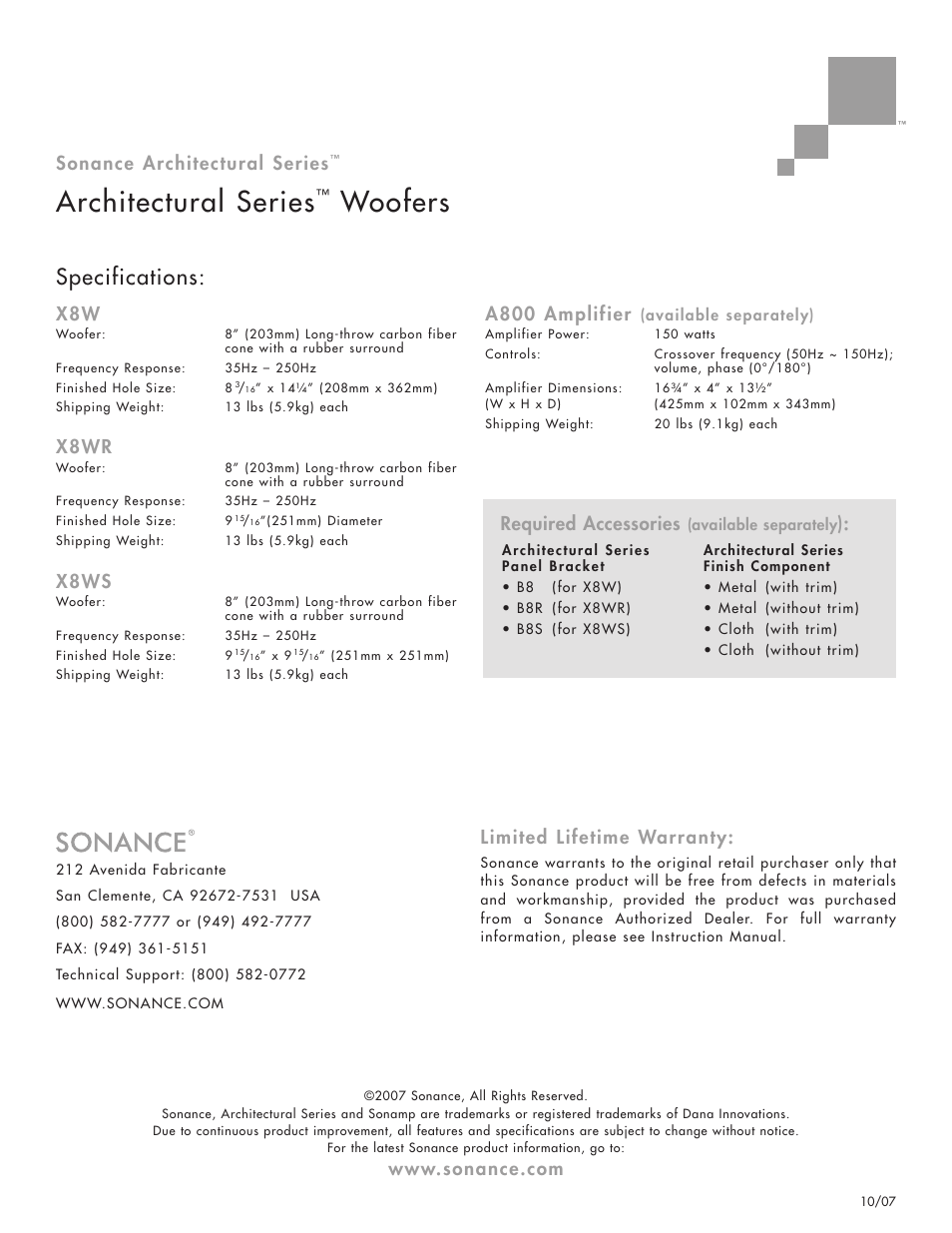 Architectural series, Woofers, Specifications | Sonance architectural series, Limited lifetime warranty, X8wr, X8ws, A800 amplifier, Required accessories | Sonance XBW User Manual | Page 2 / 2
