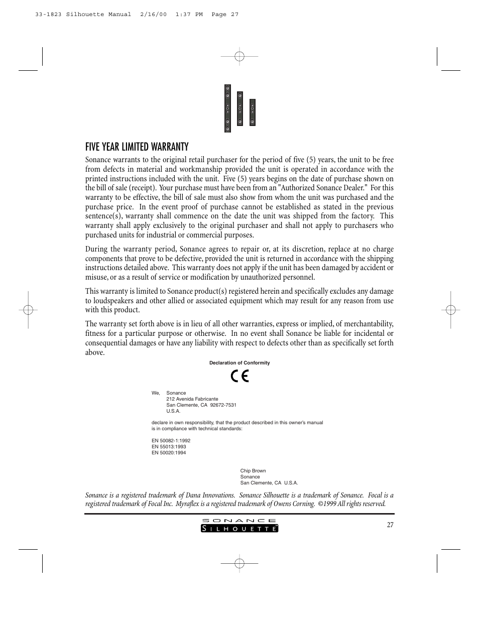 Five year limited warranty | Sonance SILHOUETTE II User Manual | Page 26 / 26