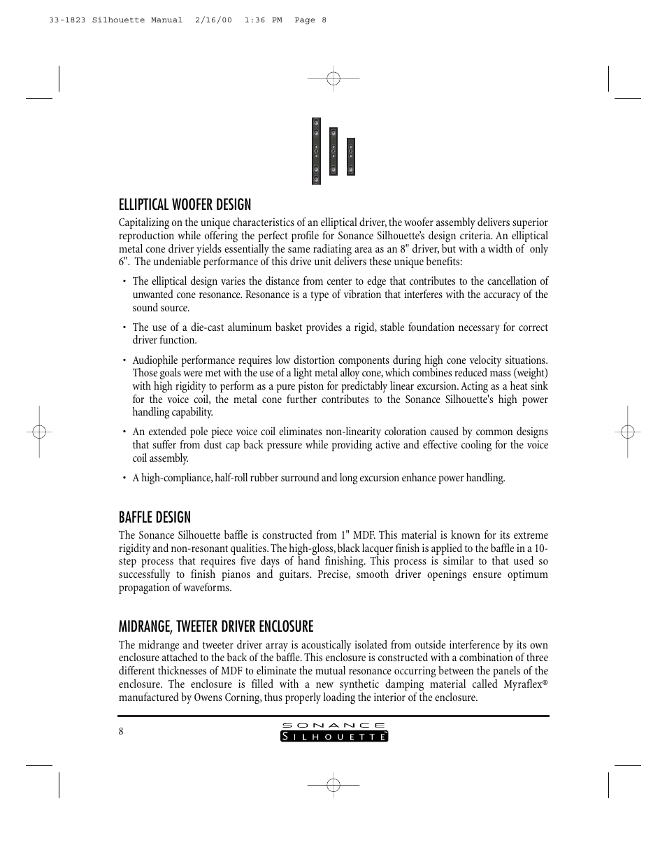 Elliptical woofer design, Baffle design, Midrange, tweeter driver enclosure | Sonance SILHOUETTE II User Manual | Page 7 / 26