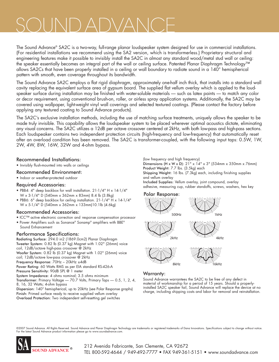 Recommended installations, Recommended environment, Required accessories | Recommended accessories, Performance specifications, Warranty, Polar response, The sound advance, Sound advance, Invisibly flush-mounted into walls or ceilings | Sonance Sound Advance SA2C User Manual | Page 2 / 2