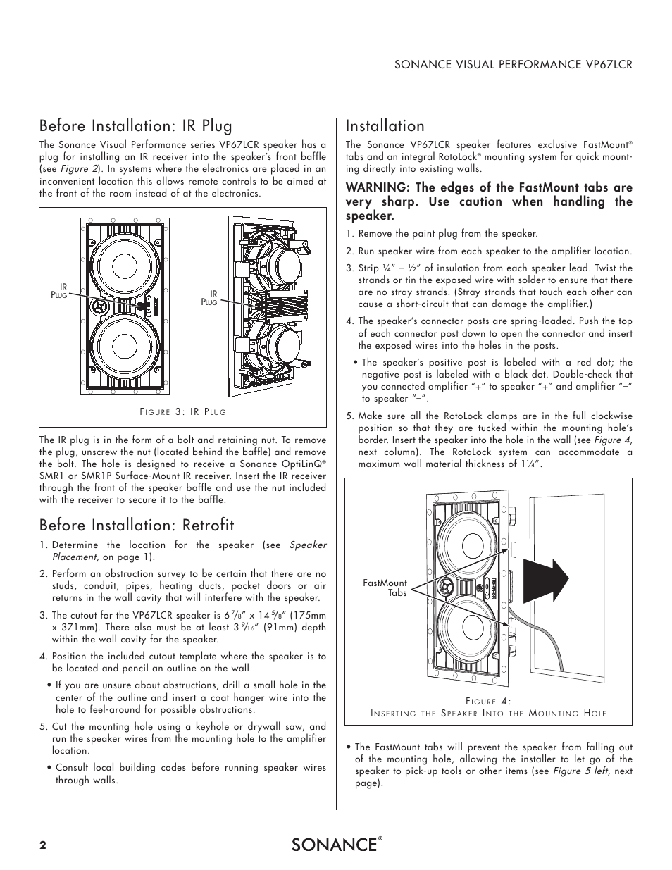 Before installation: ir plug, Before installation: retrofit, Installation | Sonance Visual Performance VP67 LCR User Manual | Page 2 / 4