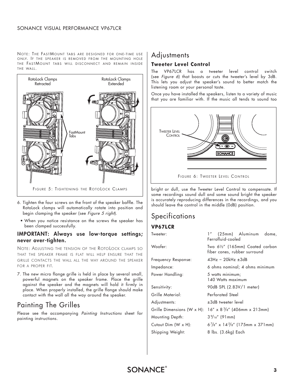 Painting the grilles, Adjustments, Specifications | Tweeter level control, Vp67lcr | Sonance Visual Performance VP67 LCR User Manual | Page 3 / 4