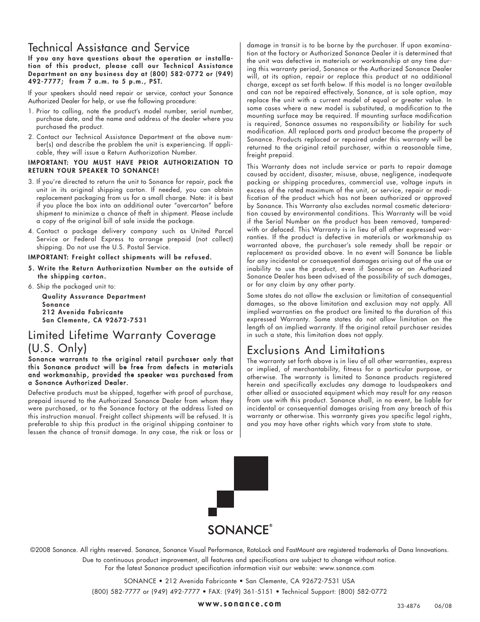 Technical assistance and service, Limited lifetime warranty coverage (u.s. only), Exclusions and limitations | Sonance Visual Performance VP67 LCR User Manual | Page 4 / 4