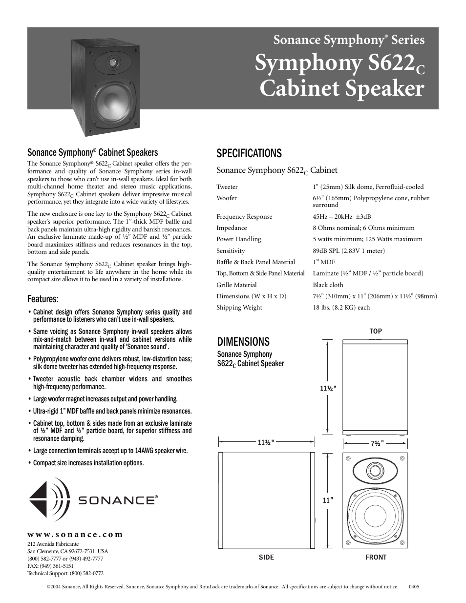 Sonance Symphony S622C User Manual | 1 page