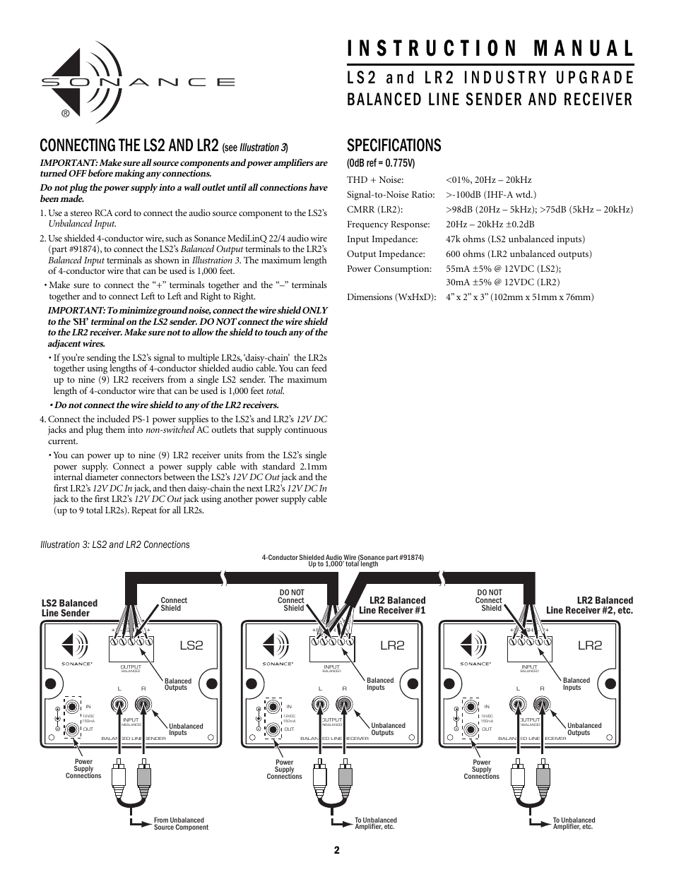 Connecting the ls2 and lr2, Specifications, Illustration 3 | Sonance LR2 User Manual | Page 2 / 4