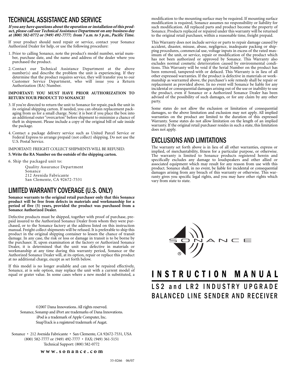 Technical assistance and service, Limited warranty coverage (u.s. only), Exclusions and limitations | Sonance LR2 User Manual | Page 4 / 4