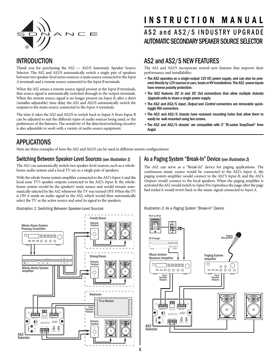 Sonance Automatic Speaker Level Source Selector AS2S User Manual | 4 pages