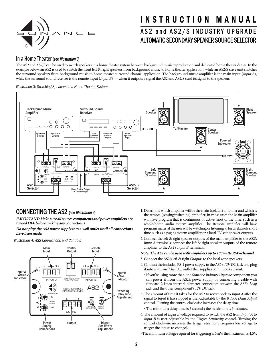 Connecting the as2, Illustration 4, Illustration 3 | Illustration 4: as2 connections and controls | Sonance Automatic Speaker Level Source Selector AS2S User Manual | Page 2 / 4