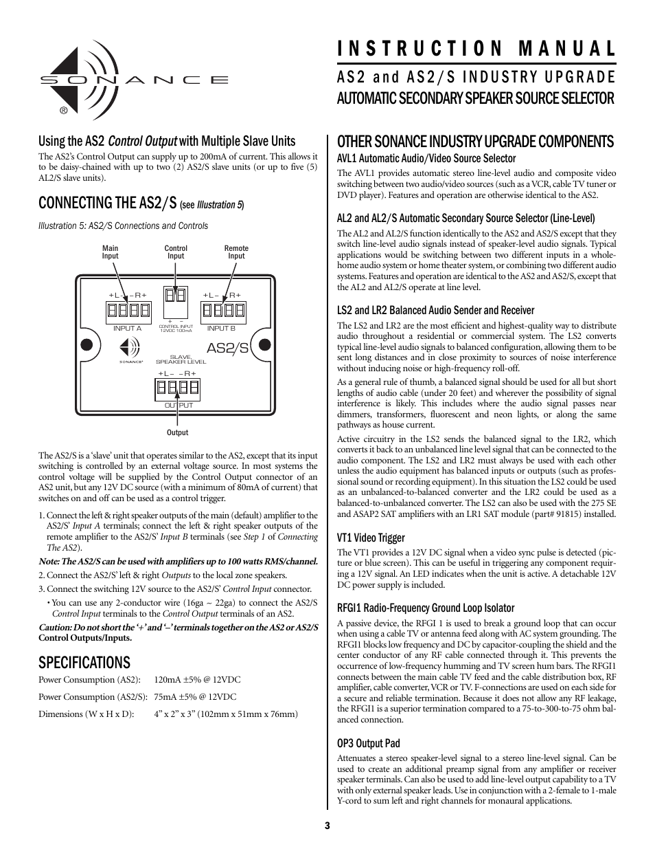 Connecting the as2/s, Specifications, Other sonance industry upgrade components | As2/s | Sonance Automatic Speaker Level Source Selector AS2S User Manual | Page 3 / 4