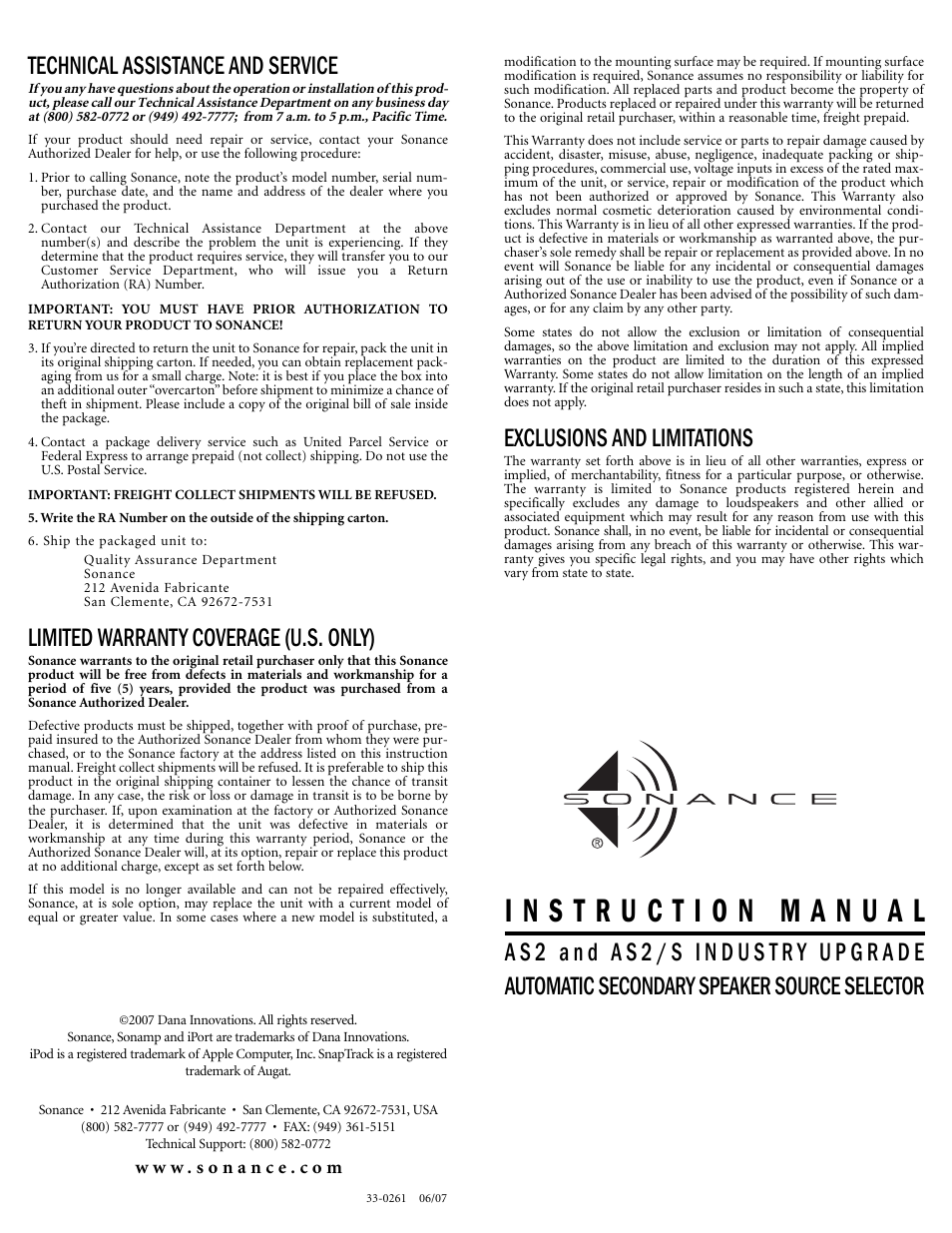 Technical assistance and service, Limited warranty coverage (u.s. only), Exclusions and limitations | Sonance Automatic Speaker Level Source Selector AS2S User Manual | Page 4 / 4