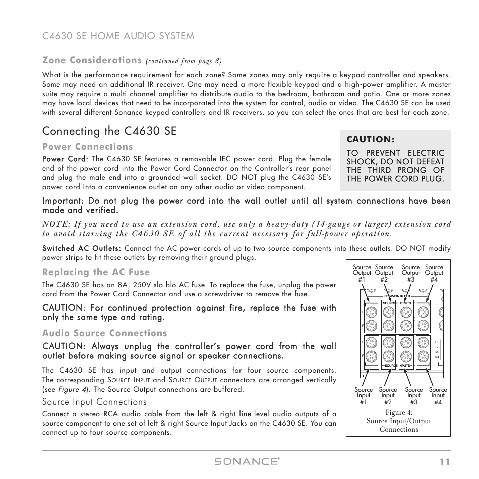 Connecting the c4630 se, Power connections, Replacing the ac fuse | Audio source connections, Source input connections | Sonance C4630 SE User Manual | Page 11 / 60