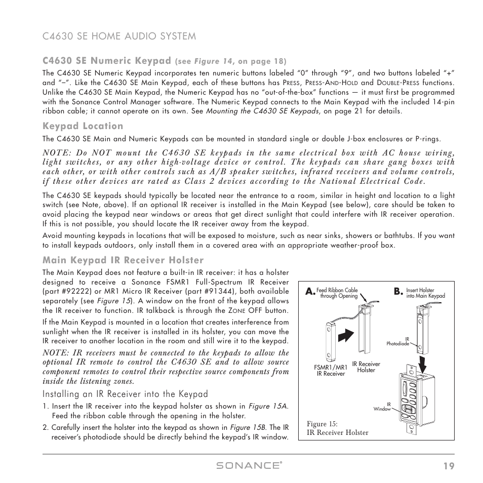 Keypad location, Main keypad ir receiver holster, Installing an ir receiver into the keypad | A. b | Sonance C4630 SE User Manual | Page 19 / 60