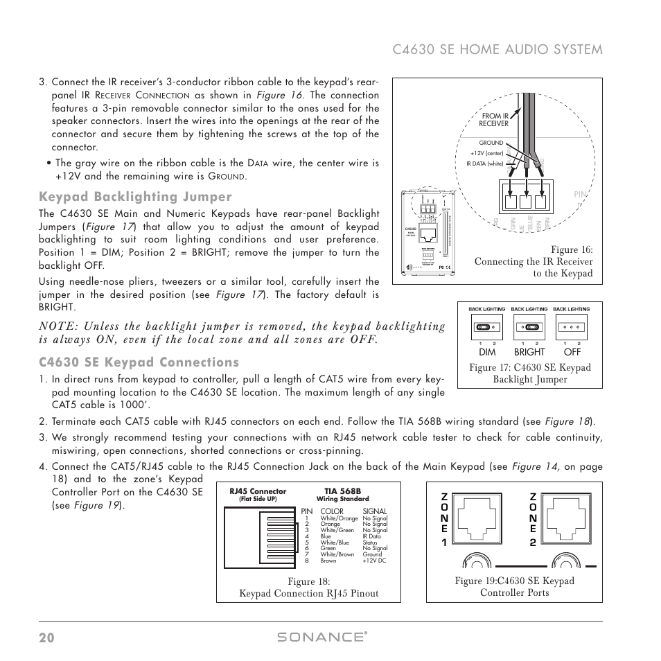 Keypad backlighting jumper, C4630 se keypad connections | Sonance C4630 SE User Manual | Page 20 / 60