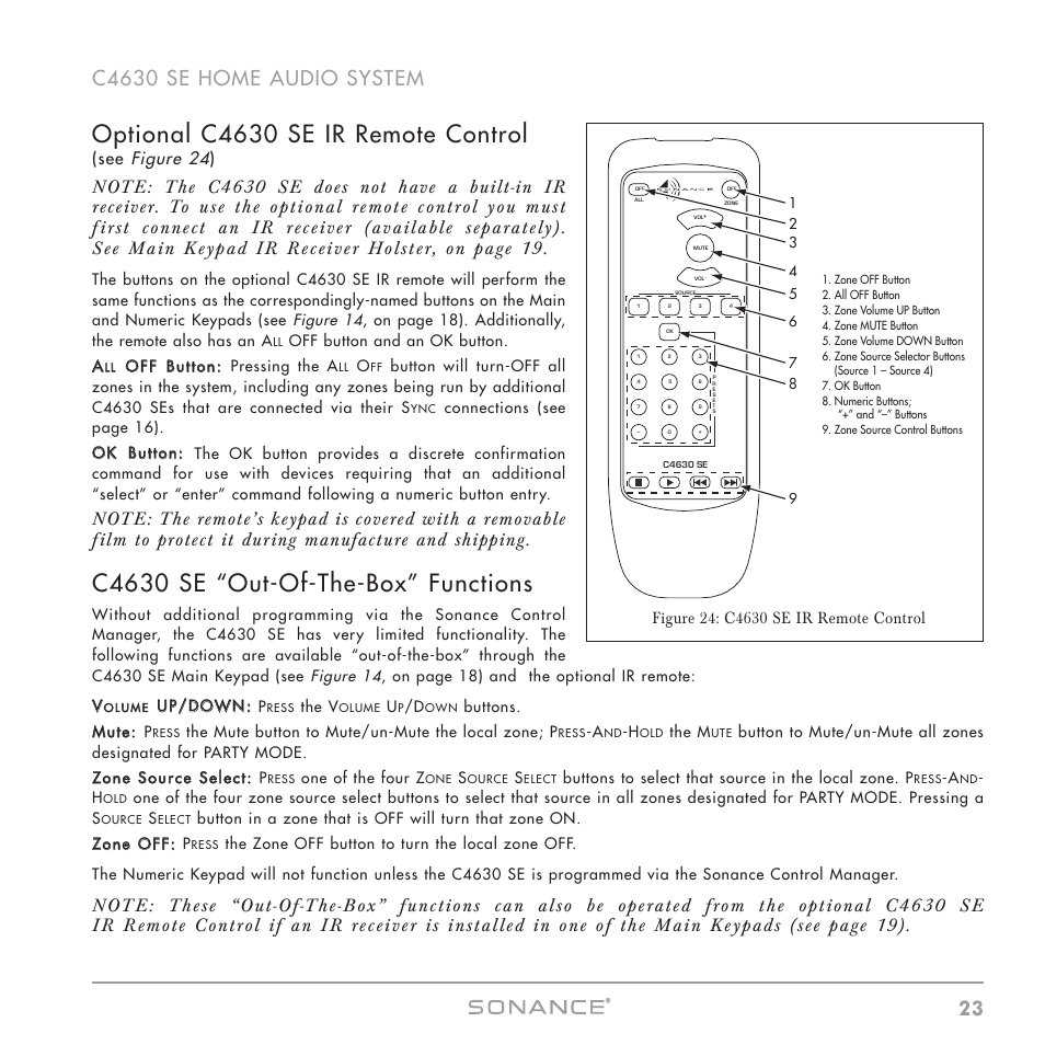 Optional c4630 se ir remote control, C4630 se “out-of-the-box” functions, See figure 24) | Sonance C4630 SE User Manual | Page 23 / 60