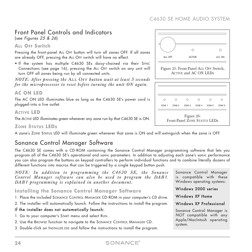 Front panel controls and indicators, Sonance control manager software, Switch | Ac on led, Leds, Installing the sonance control manager software | Sonance C4630 SE User Manual | Page 24 / 60