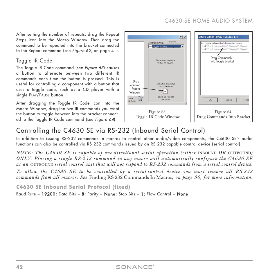 Toggle ir code, C4630 se inbound serial protocol (fixed) | Sonance C4630 SE User Manual | Page 42 / 60