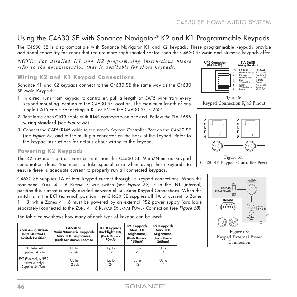 Using the c4630 se with sonance navigator, K2 and k1 programmable keypads, Wiring k2 and k1 keypad connections | Powering k2 keypads, Figure 66: keypad connection rj45 pinout, Figure 68: keypad external power connection, 4 – 6 k | Sonance C4630 SE User Manual | Page 46 / 60