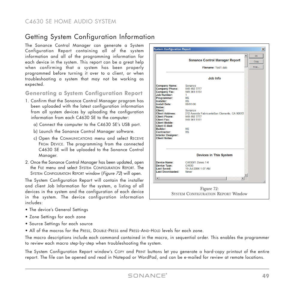 Getting system configuration information, Generating a system configuration report | Sonance C4630 SE User Manual | Page 49 / 60