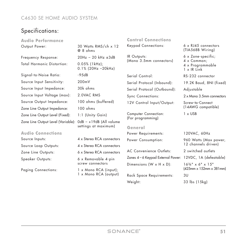 Specifications | Sonance C4630 SE User Manual | Page 51 / 60