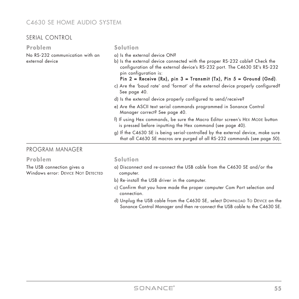 Program manager problem solution | Sonance C4630 SE User Manual | Page 55 / 60