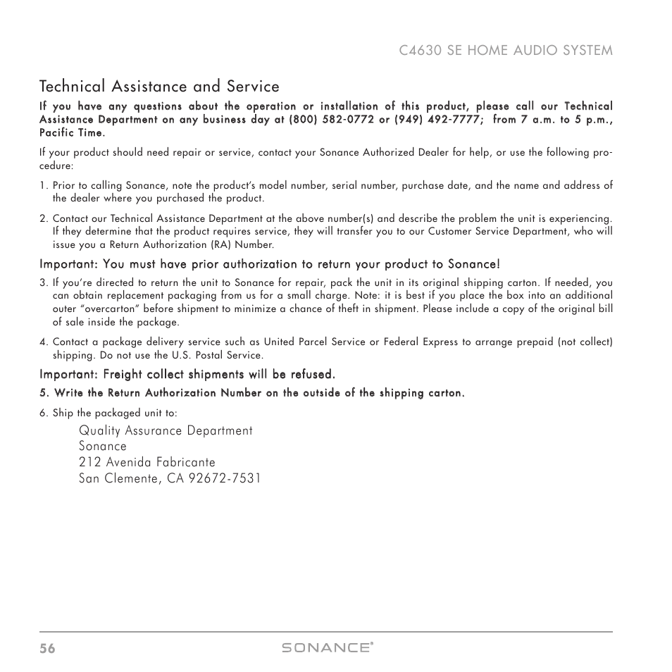 Technical assistance and service | Sonance C4630 SE User Manual | Page 56 / 60