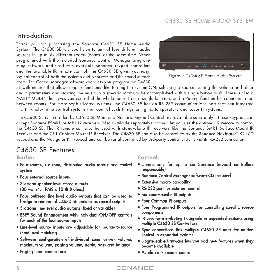 Introduction, C4630 se features, Audio | Control | Sonance C4630 SE User Manual | Page 6 / 60