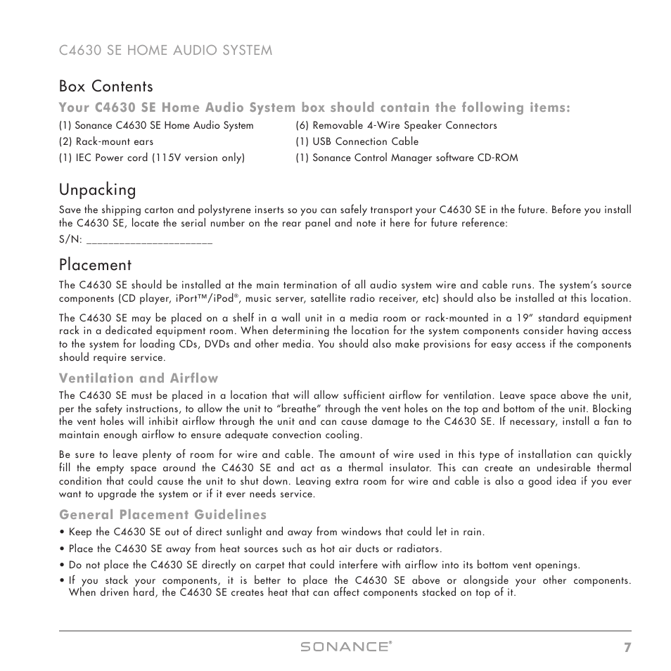 Box contents, Unpacking, Placement | Sonance C4630 SE User Manual | Page 7 / 60