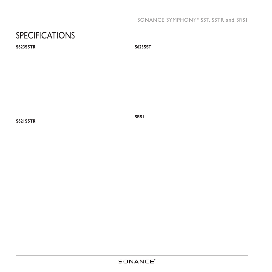 Specifications, 10 sonance symphony, Sst, sstr and srs1 | Sonance SRS1 SERIES User Manual | Page 10 / 16