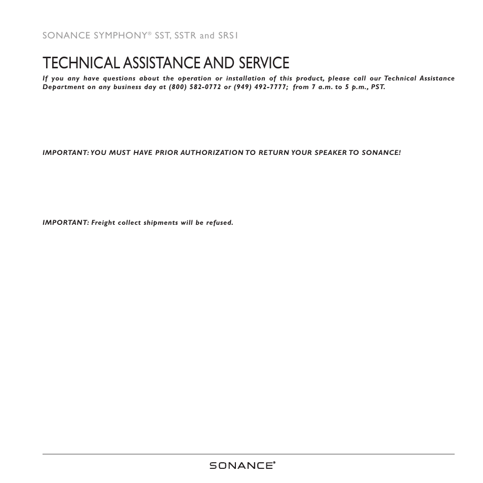 Technical assistance and service | Sonance SRS1 SERIES User Manual | Page 11 / 16