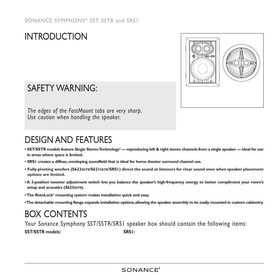 Introduction, Design and features, Box contents | Safety warning | Sonance SRS1 SERIES User Manual | Page 3 / 16