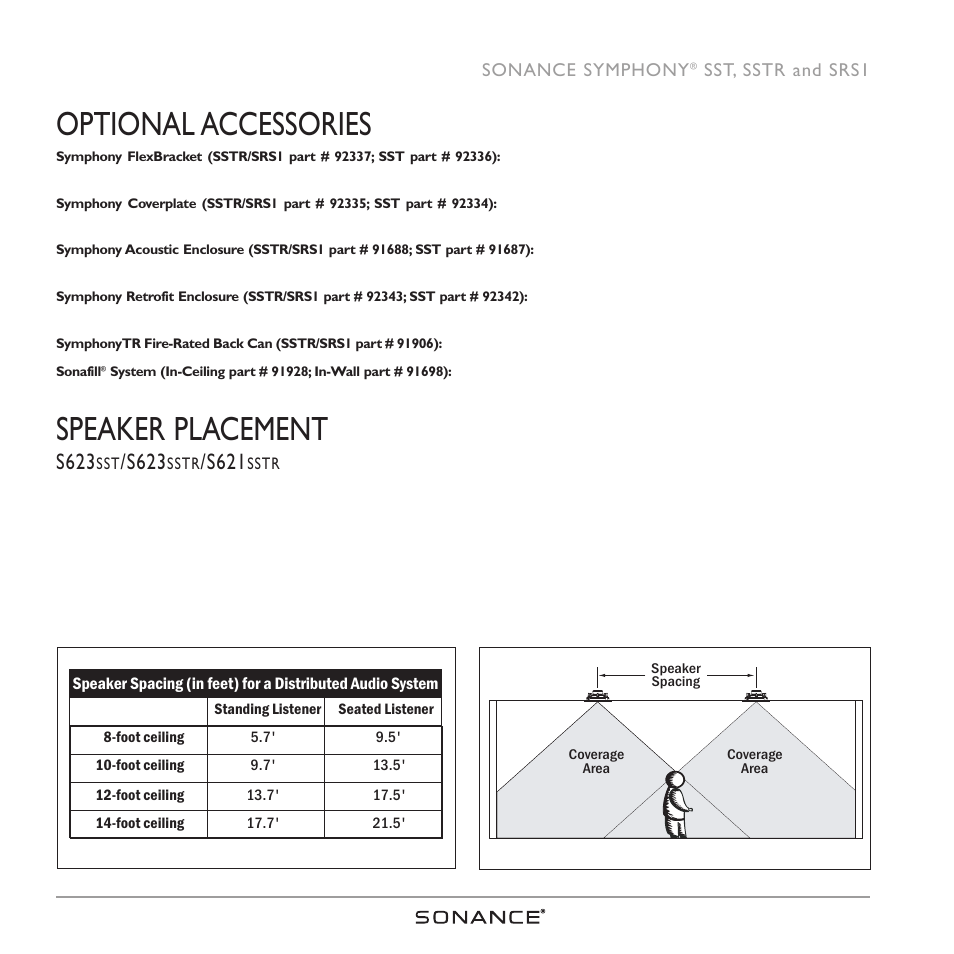 Optional accessories, Speaker placement, S623 | S621 | Sonance SRS1 SERIES User Manual | Page 4 / 16