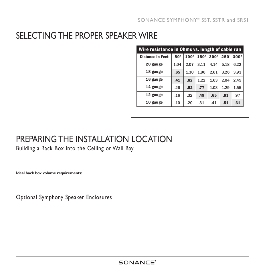 Selecting the proper speaker wire, Preparing the installation location, Building a back box into the ceiling or wall bay | Optional symphony speaker enclosures | Sonance SRS1 SERIES User Manual | Page 6 / 16