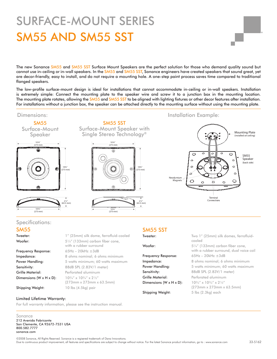 Surface-mount series sm55 and sm55 sst, Dimensions: installation example, Specifi cations: sm55 | Sm55 sst, Surface-mount speaker, Sm55 | Sonance SM55 SST User Manual | Page 2 / 2