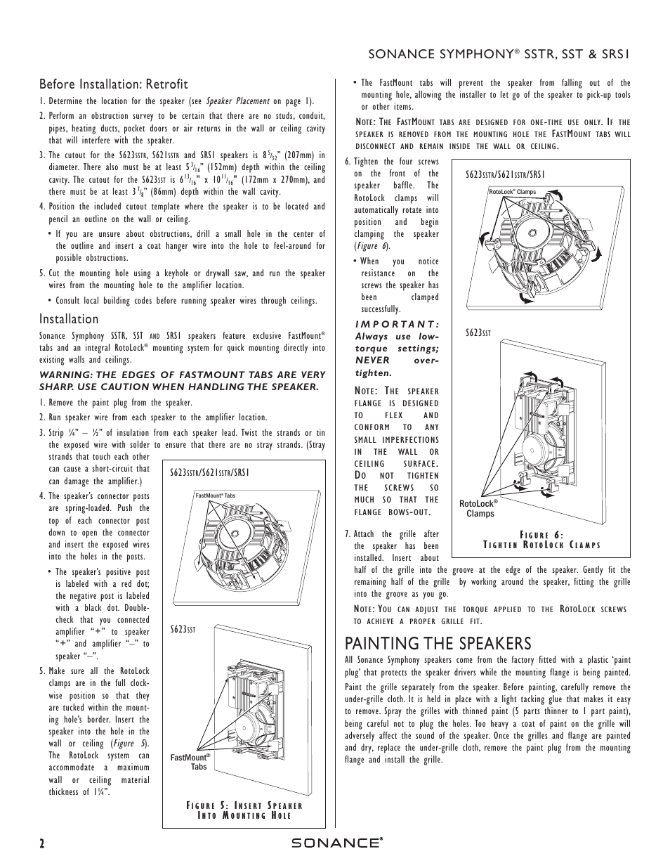 Painting the speakers, Before installation: retrofit, Installation | 2sonance symphony, Sstr, sst & srs1 | Sonance MARINERSST User Manual | Page 2 / 4