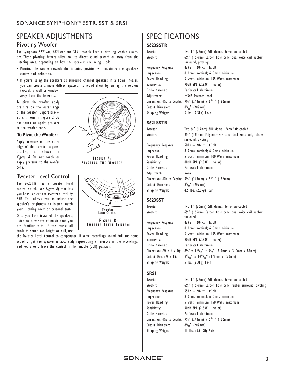 Speaker adjustments, Specifications, Pivoting woofer | Tweeter level control, 3sonance symphony, Sstr, sst & srs1 | Sonance MARINERSST User Manual | Page 3 / 4
