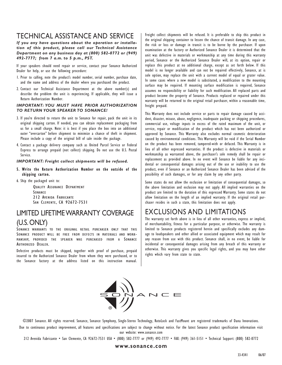 Technical assistance and service, Limited lifetime warranty coverage (u.s. only), Exclusions and limitations | Sonance MARINERSST User Manual | Page 4 / 4