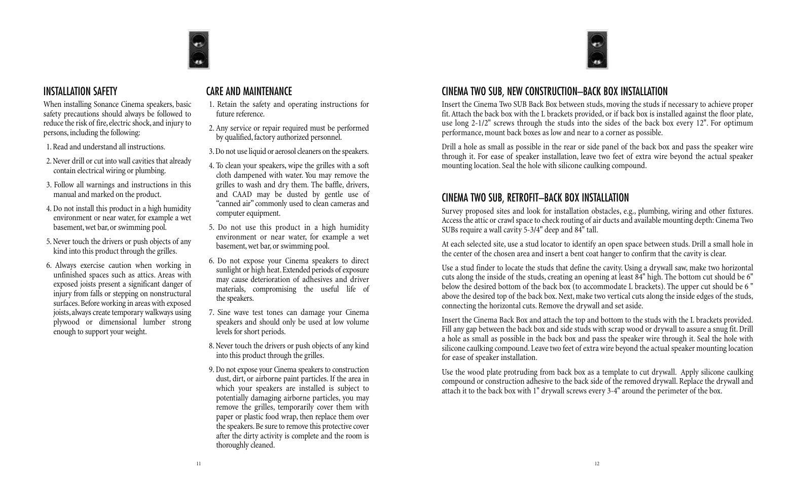 Cinema two sub, retrofit–back box installation, Installation safety, Care and maintenance | Sonance CINEMA TWO SUB SYSTEM User Manual | Page 6 / 10