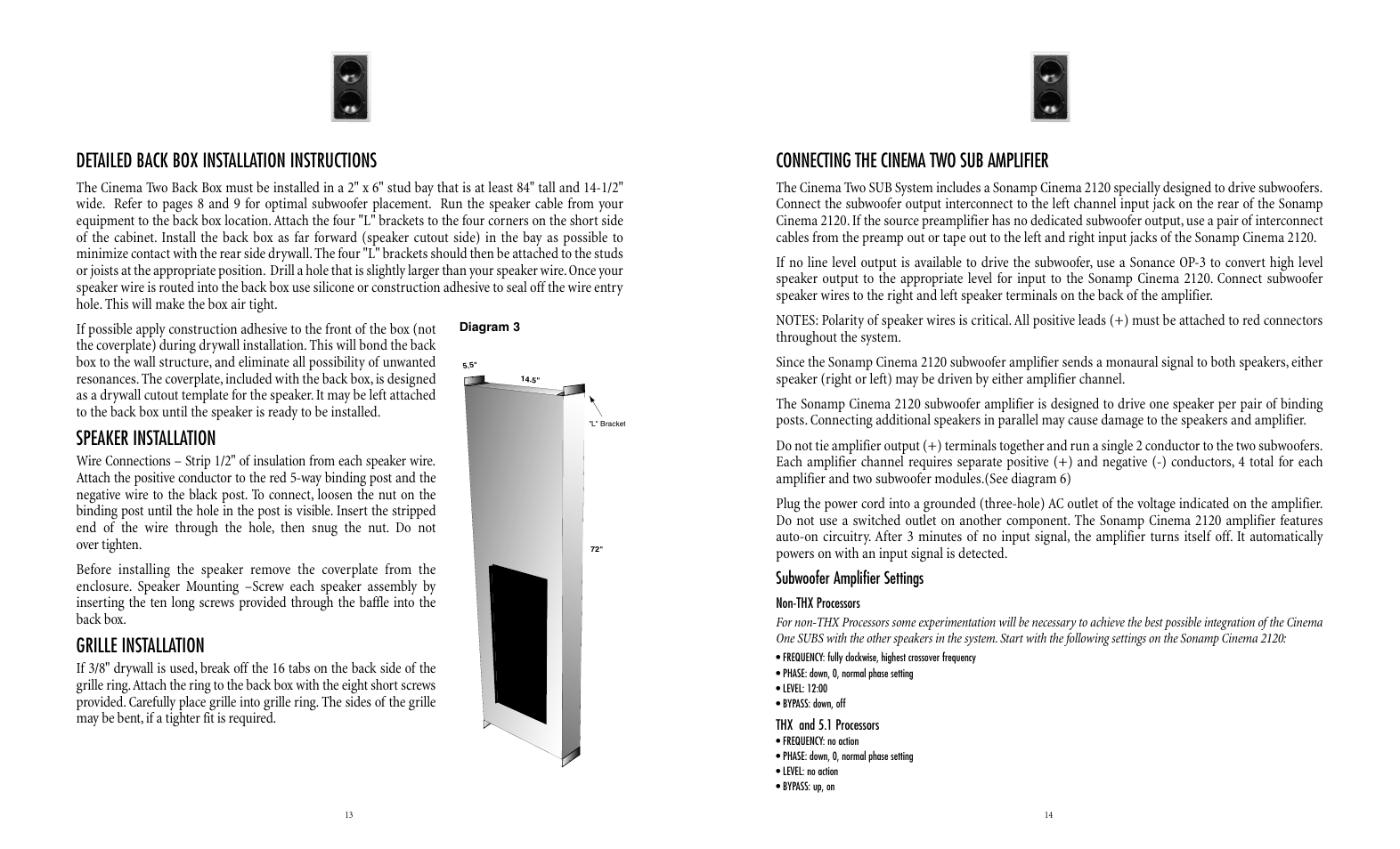 Connecting the cinema two sub amplifier, Detailed back box installation instructions, Speaker installation | Grille installation, Subwoofer amplifier settings | Sonance CINEMA TWO SUB SYSTEM User Manual | Page 7 / 10