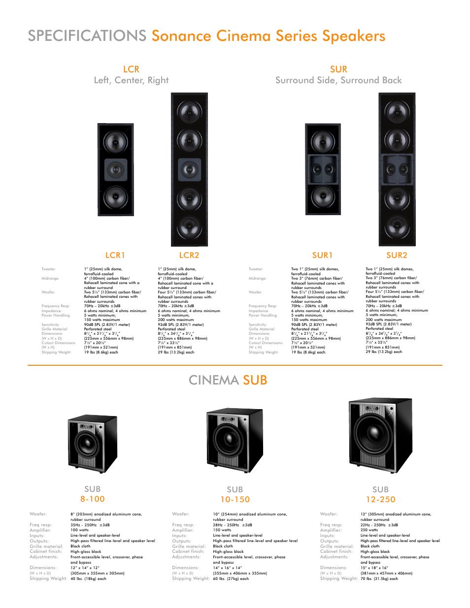 Specifications sonance cinema series speakers, Cinema sub, Lcr1 lcr2 | Sur1 sur2 | Sonance Cinema Series User Manual | Page 4 / 6