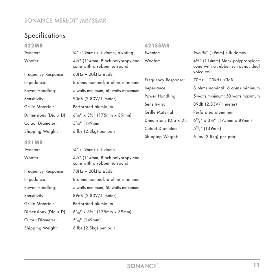 Specifications, 11 sonance merlot, Mr/ssmr | 422mr, 421mr, 421ssmr | Sonance MR Series User Manual | Page 11 / 16