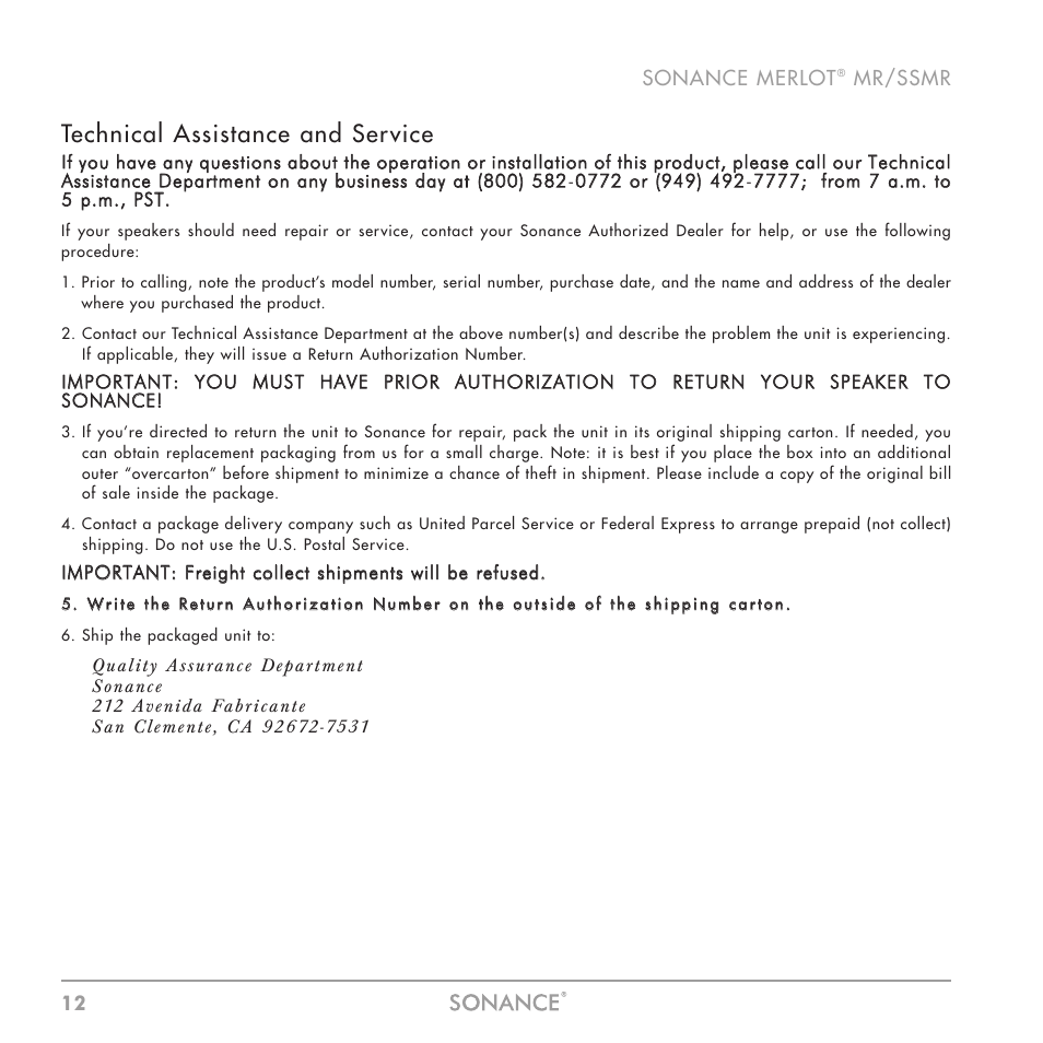 Technical assistance and service | Sonance MR Series User Manual | Page 12 / 16