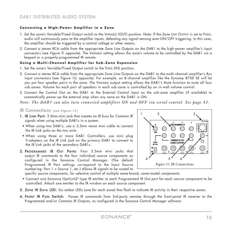 15 dab1 distributed audio system, Ir connections | Sonance DAB1 User Manual | Page 15 / 68