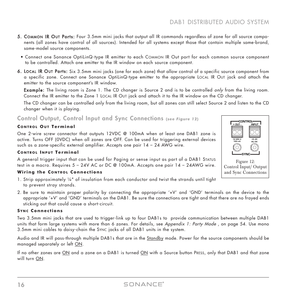 16 dab1 distributed audio system, Control output, control input and sync connections | Sonance DAB1 User Manual | Page 16 / 68