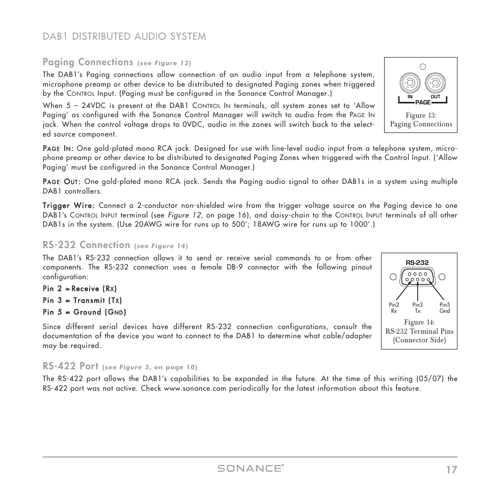 Rs-232 connection, Rs-422 port | Sonance DAB1 User Manual | Page 17 / 68