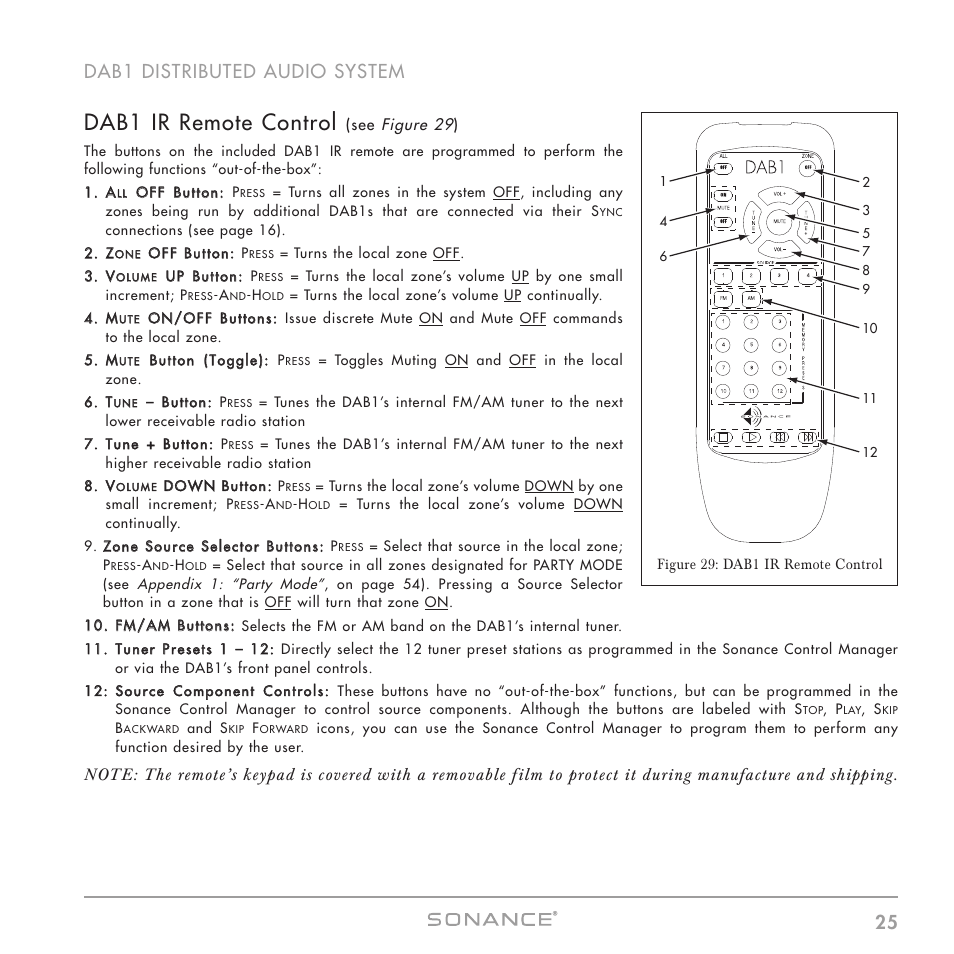 Dab1 ir remote control, 25 dab1 distributed audio system | Sonance DAB1 User Manual | Page 25 / 68